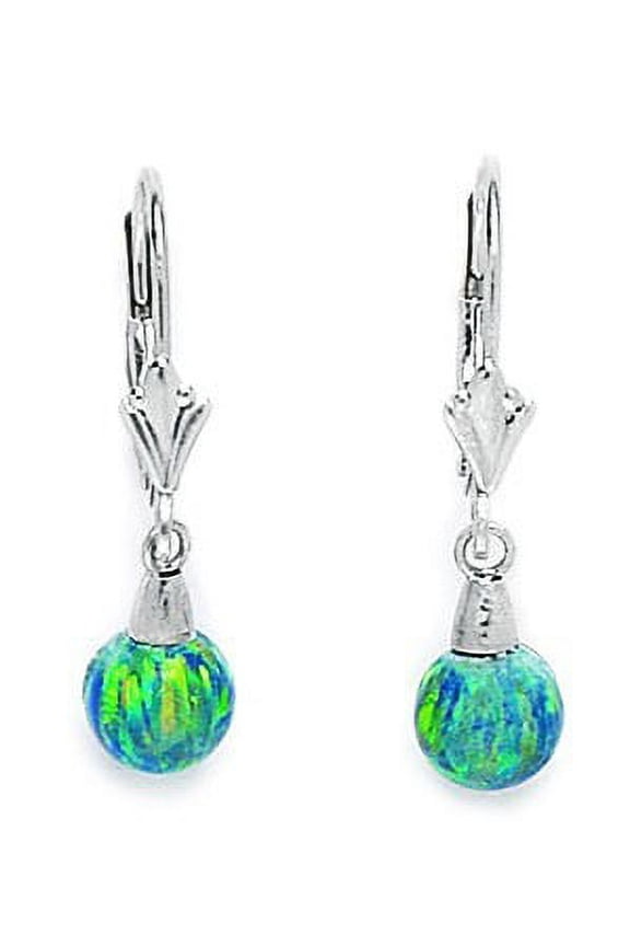 14k White Gold Dark Blue 8x8mm Simulated Opal Ball Drop Leverback Earrings - Measures 26x6mm