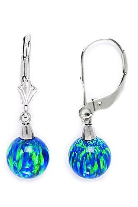 14k White Gold Dark Blue 8x8mm Simulated Opal Ball Drop Leverback Earrings - Measures 28x8mm