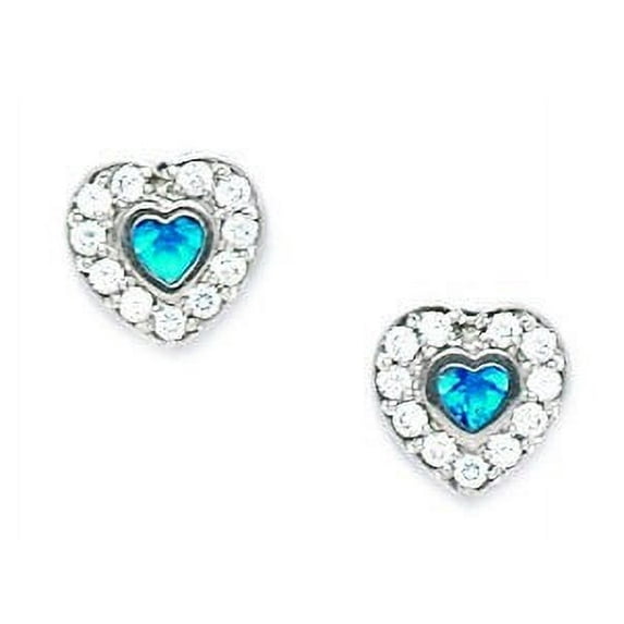14k White Gold December Blue 3x3mm CZ Heart Screw-Back Earrings - Measures 8x8mm