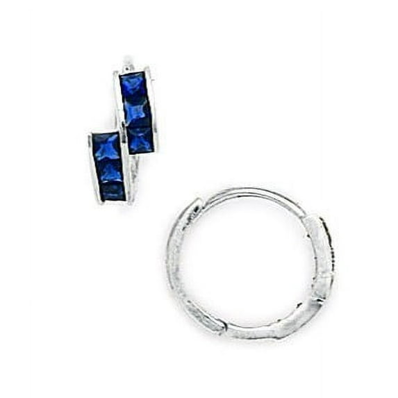14k White Gold Deep Blue Cubic Zirconia Fancy Hoop Hinged Earrings - Measures 12x13mm