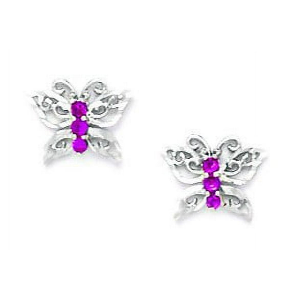 14k White Gold Deep Red Cubic Zirconia Butterfly Screw-Back Earrings - Measures 8x10mm