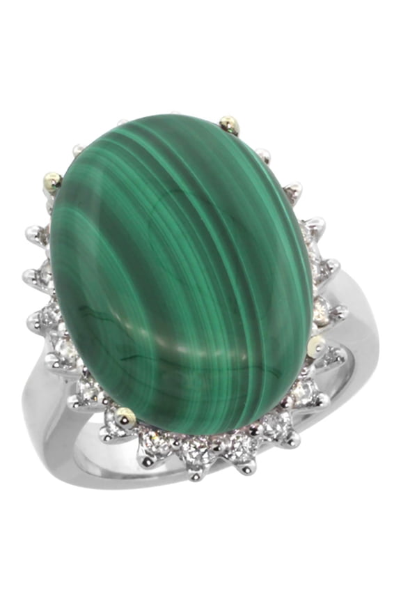 14k White Gold Diamond Halo Natural Malachite Ring Large Oval 18x13mm, size 10