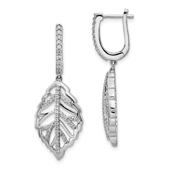 14k White Gold Diamond Leaf Leverback Earrings