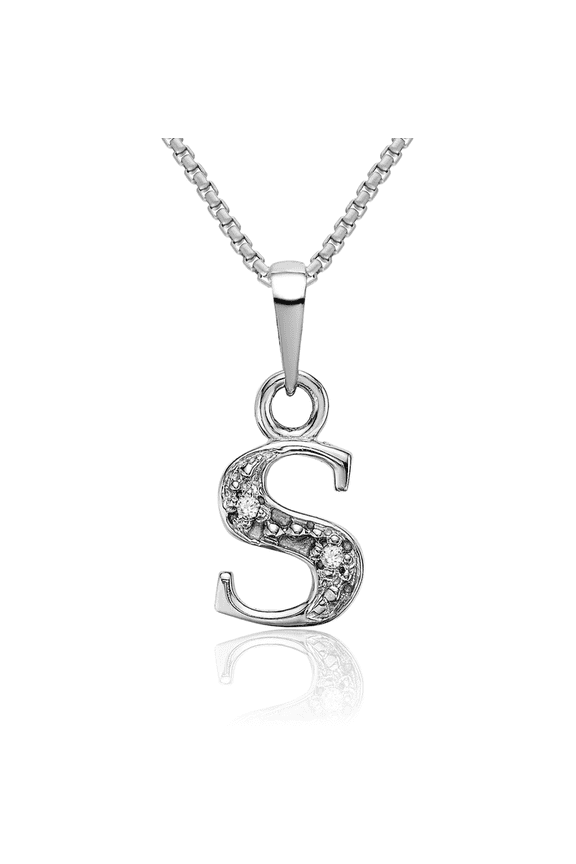 14K Solid White Gold Diamond Dainty Letter S Initial Name Monogram Necklace Chain Pendant Charm with chain 20inch