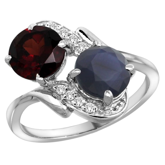 14k White Gold Diamond Natural Garnet & HQ Blue Sapphire Mother's Ring Round 7mm, size 10