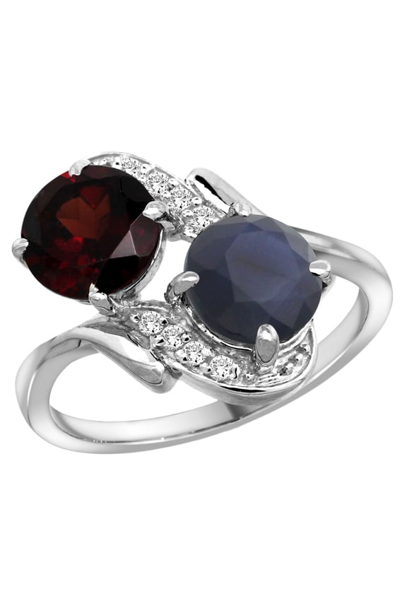 14k White Gold Diamond Natural Garnet & HQ Blue Sapphire Mother's Ring Round 7mm, size 10