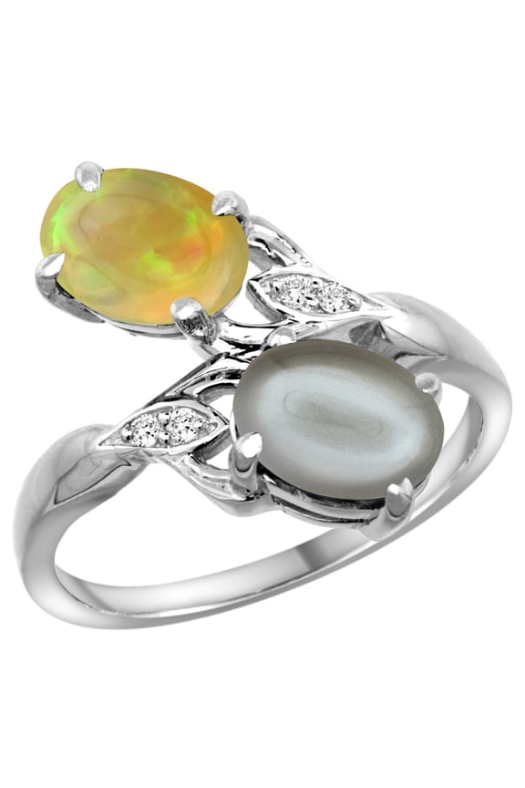 14k White Gold Diamond Natural Gray Moonstone & Ethiopian HQ Opal 2-stone Ring Oval 8x6mm, size 8.5
