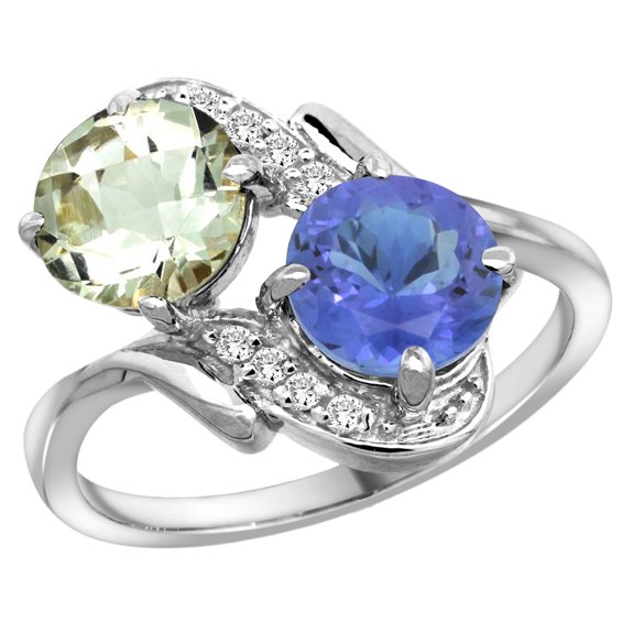 14k White Gold Diamond Natural Green Amethyst & Tanzanite Mother's Ring Round 7mm, size 6