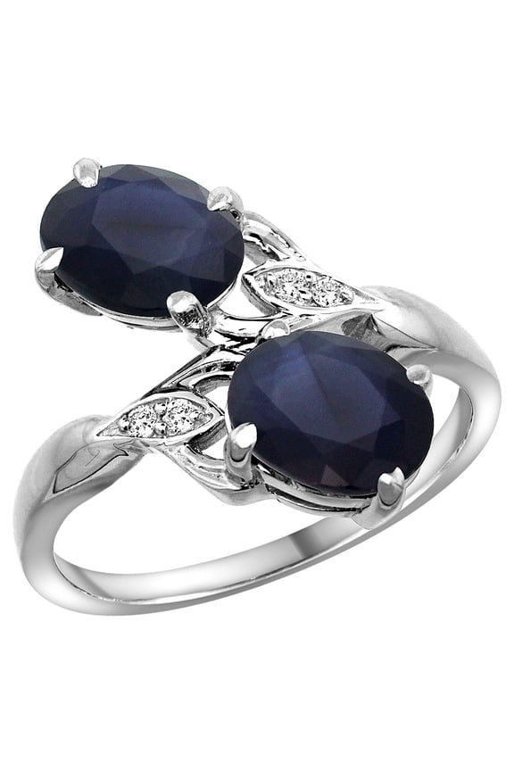 14k White Gold Diamond Natural HQ Blue Sapphire 2-stone Ring Oval 8x6mm, size 8