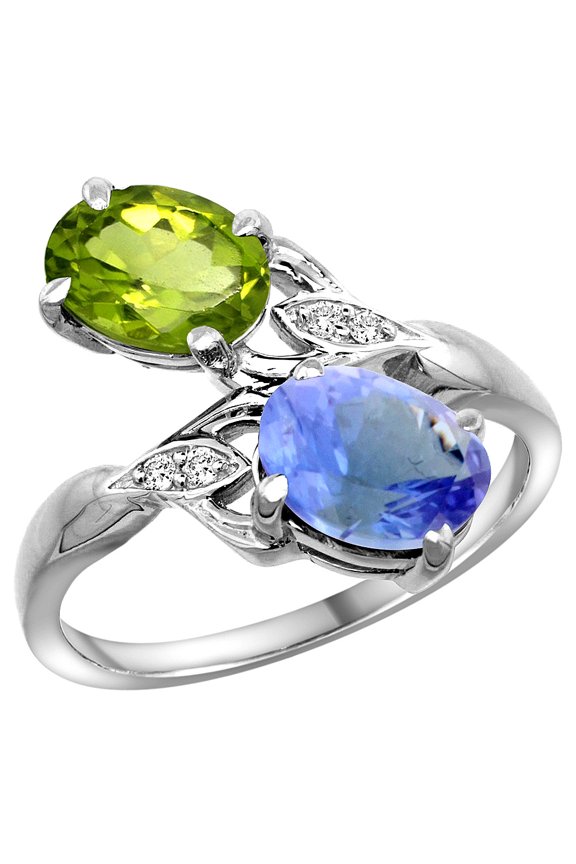 14k White Gold Diamond Natural Peridot & Tanzanite 2-stone Ring Oval 8x6mm, size 9