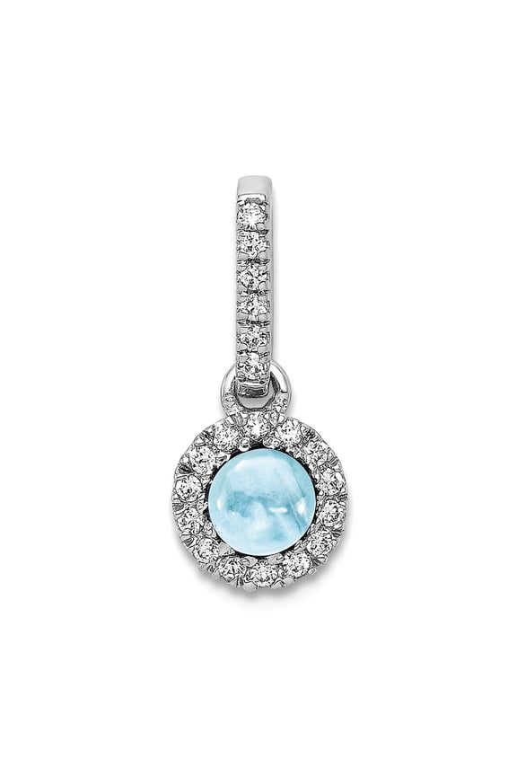 14k White Gold Diamond and Cabachon Aquamarine Pendant Necklace 15.7x6.5mm Wide Pendant for Women
