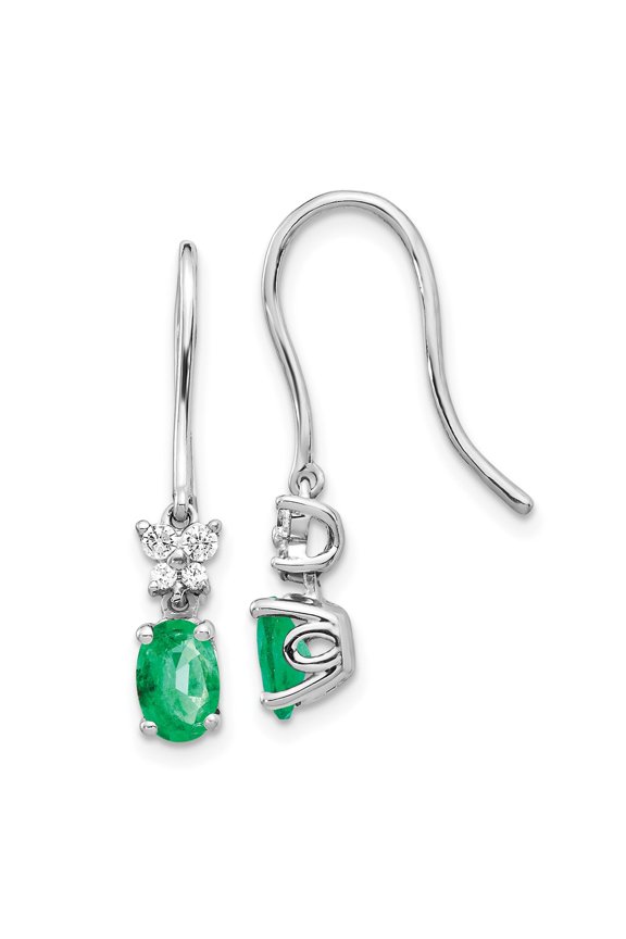 14k White Gold Diamond and Emerald Shepherd Hook Earrings Fine Jewelry For Women Gifts For Her (1/8ct)