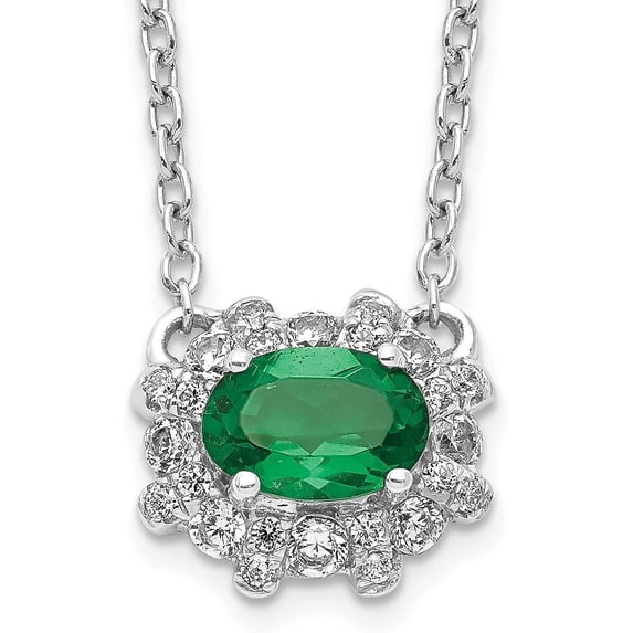 14k White Gold Diamond and Oval Emerald Necklace - 18" Chain