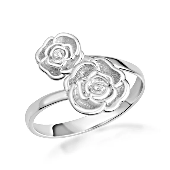 14k White Gold Double Rose Flower Band Ring (Size 5)