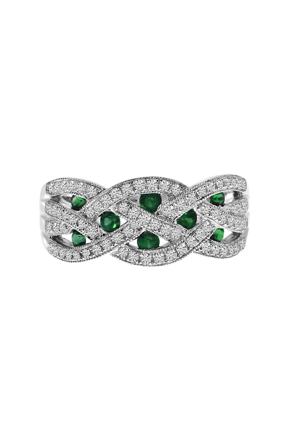 14k White Gold Emerald and Diamond Braided Wide Band
