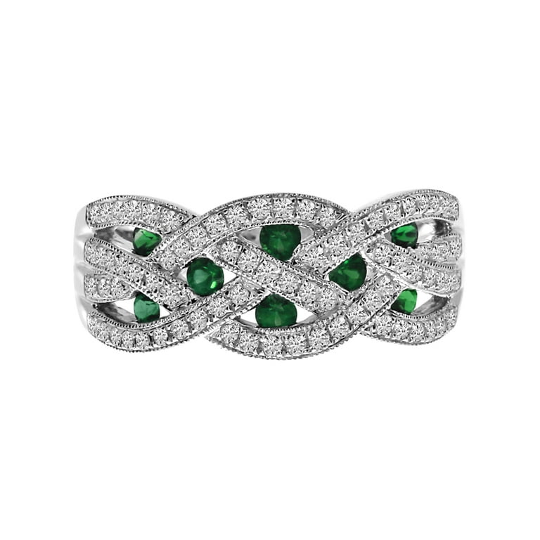 14k White Gold Emerald and Diamond Braided Wide Band 
