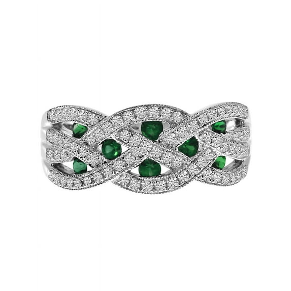 14k White Gold Emerald and Diamond Braided Wide Band