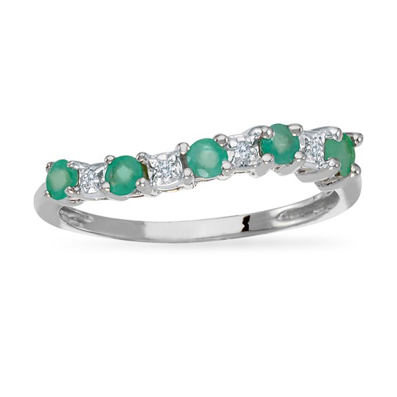 14k White Gold Emerald and Diamond Wave Band