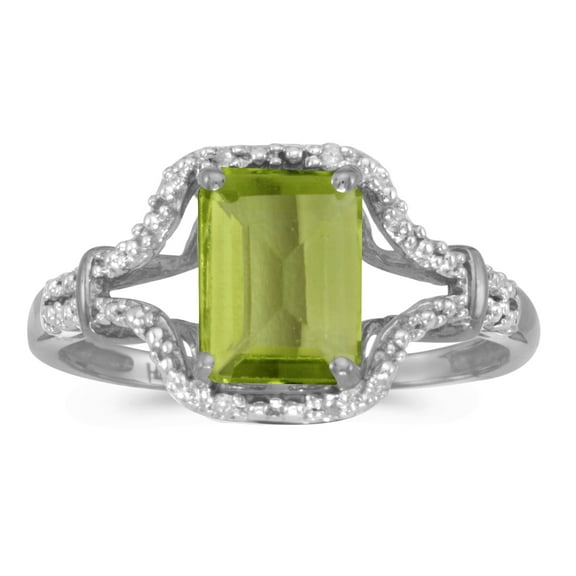 14k White Gold Emerald-cut Peridot And Diamond Ring