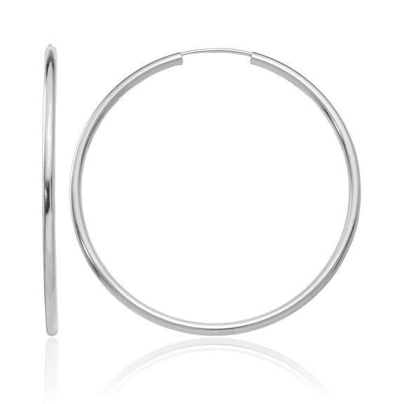 14K Solid White Gold Endless 2mm Round Large Hoop Earrings