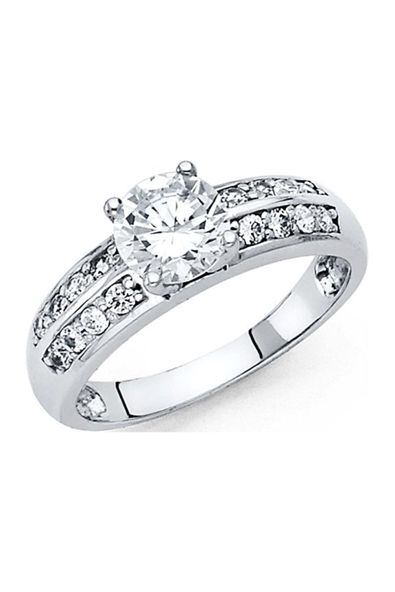 14k White Gold Engagement CZ Ring Anniversary Round CZ Ring Bridal Dome Band Side Stones Women Size 5.5