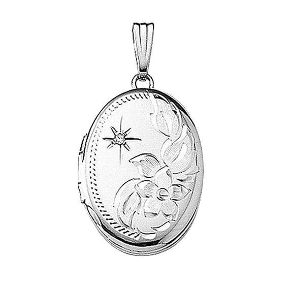 14k White Gold Engraved W/Diamond Oval Locket - 3/4 Inch X 1 Inch