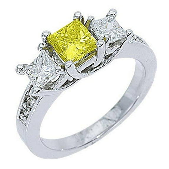 14k White Gold Fancy Yellow Princess Cut 3 Stone Diamond Ring 1.63 Carats
