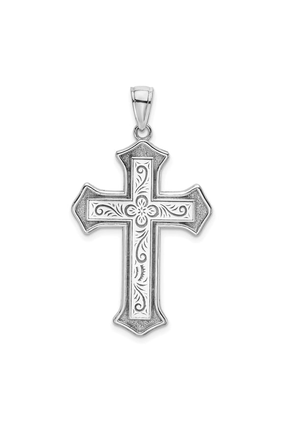 14k White Gold Filigree Cross Pendant Necklace for Men and Women with Vintage Floral Design and Block Center Religious Style Spiritual Fashion Jewelry