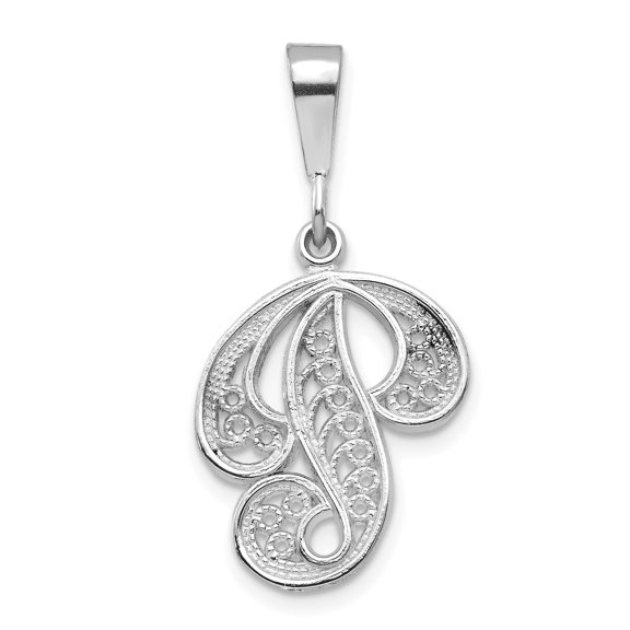 14k White Gold Letter P Filigree Pendant Charm, Initial Monogram for Women
