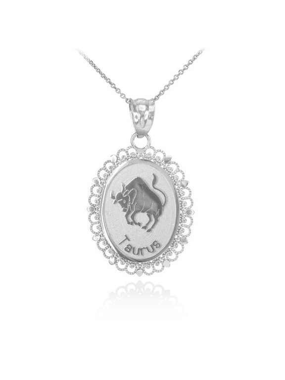 14k White Gold Filigree Oval Zodiac Sign Pendant Necklace Taurus (PENDANT ONLY)