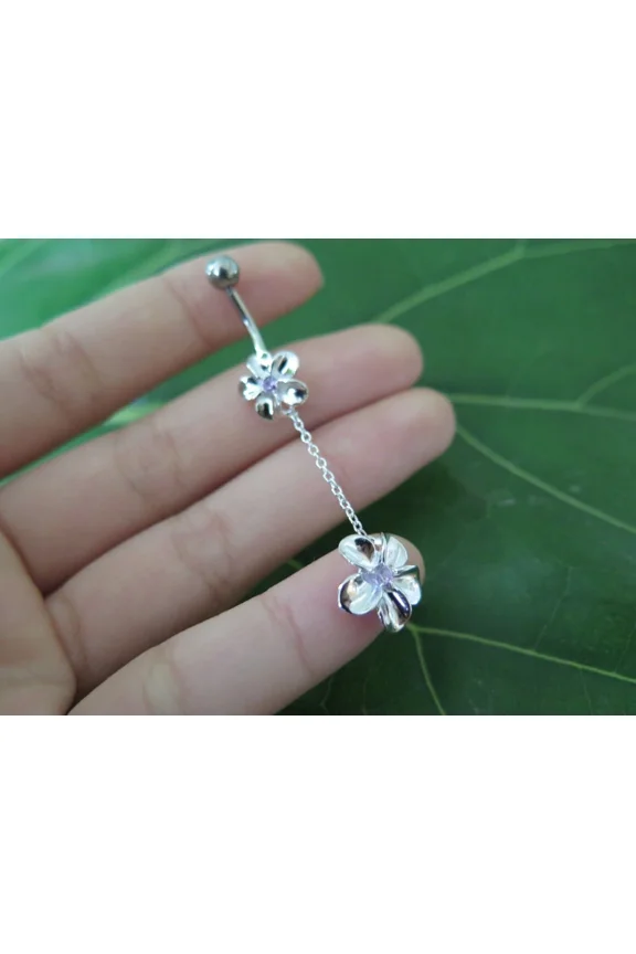 14k White Gold Finish 0.20Ct Round Cut Simulated Diamond Flower Navel Belly Botton Women Silver