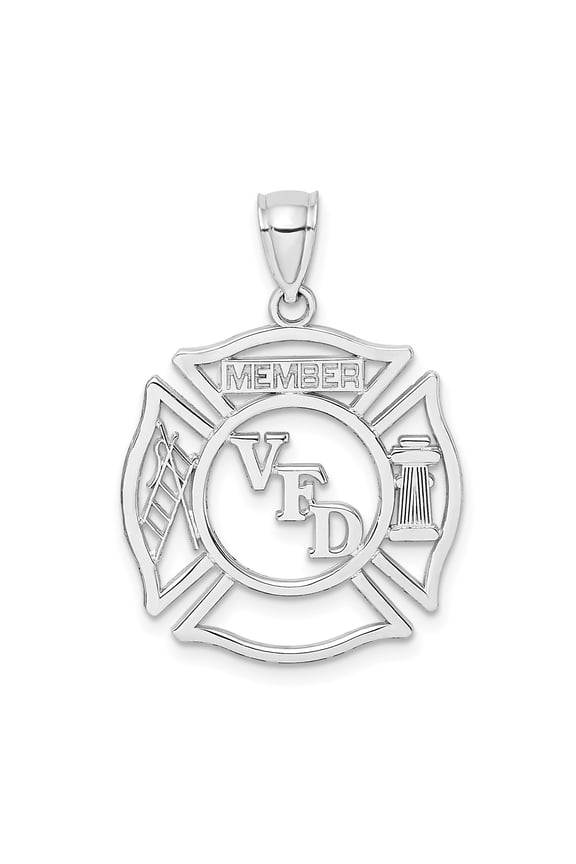 14k White Gold Firefighter Maltese Cross Pendant for Men and Women, VFD Member Necklace with Ladder and Hydrant, Volunteer Service Symbolic Jewelry Tribute
