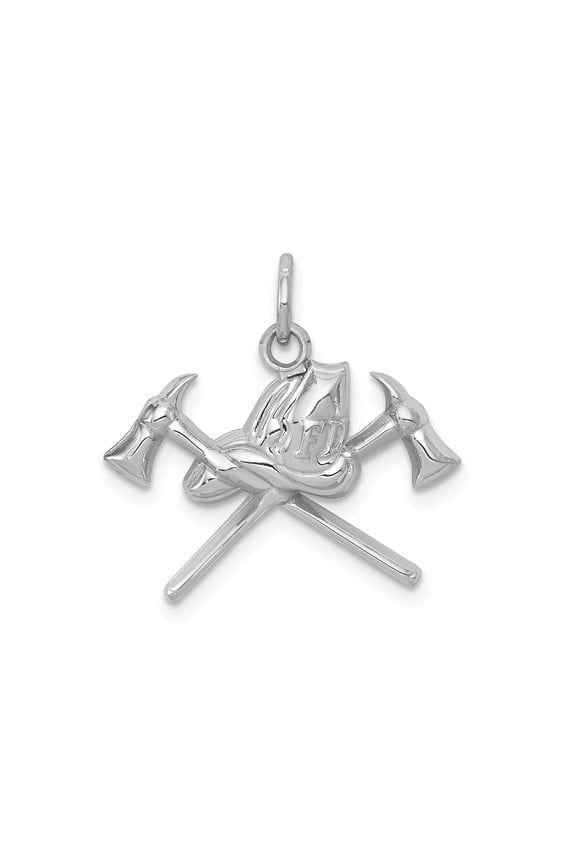 14k White Gold Firefighter Pendant for Men or Unisex with FD Helmet, Crossed Axes, Flame Symbol, Fire Department Necklace Charm, Bravery and Honor Jewelry