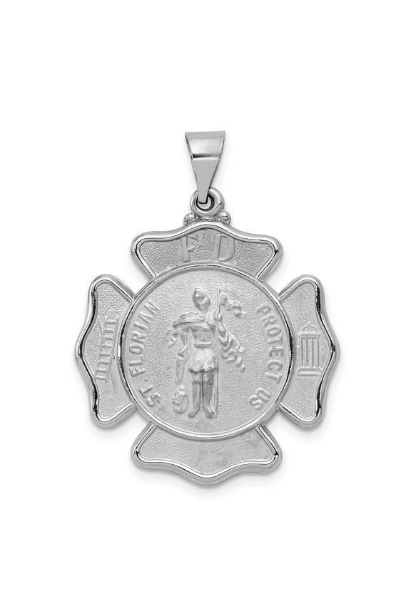 14k White Gold Firefighter Pendant Necklace for Men, St. Florian Maltese Cross Medallion with FD Inscription, Catholic Jewelry Symbolizing Protection, Bravery, Faith