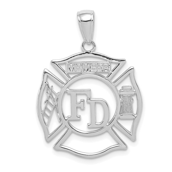 14k White Gold Firefighter Pendant Necklace for Men or Unisex with Maltese Cross FD Ladder Hydrant Member Emblem Symbol of Service Bravery First Responder Fire Department Jewelry