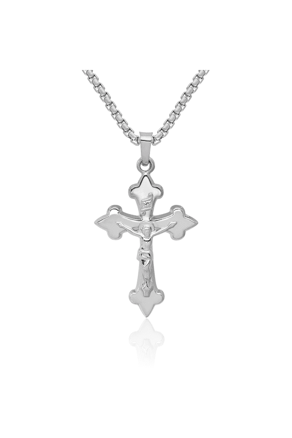 14K Solid White Gold French Fleur De Lis Lily Flower Lord Jesus Christ Crucifix Holy Cross Necklace Religious Chain Pendant Charm