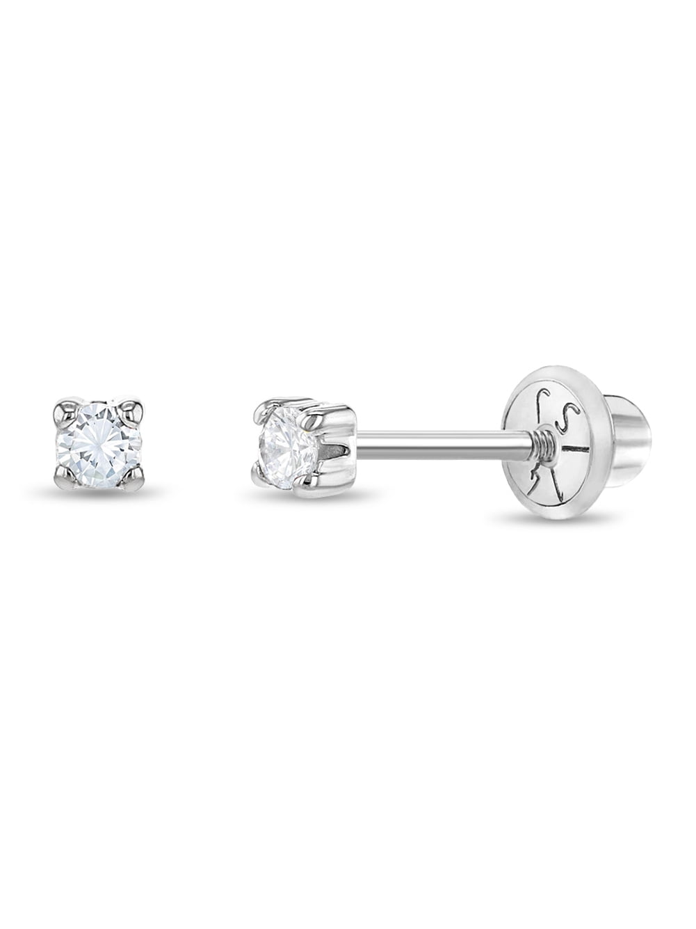14k White Gold Girls 2mm Clear Cubic Zirconia Prong Set Solitaire Screw Backs