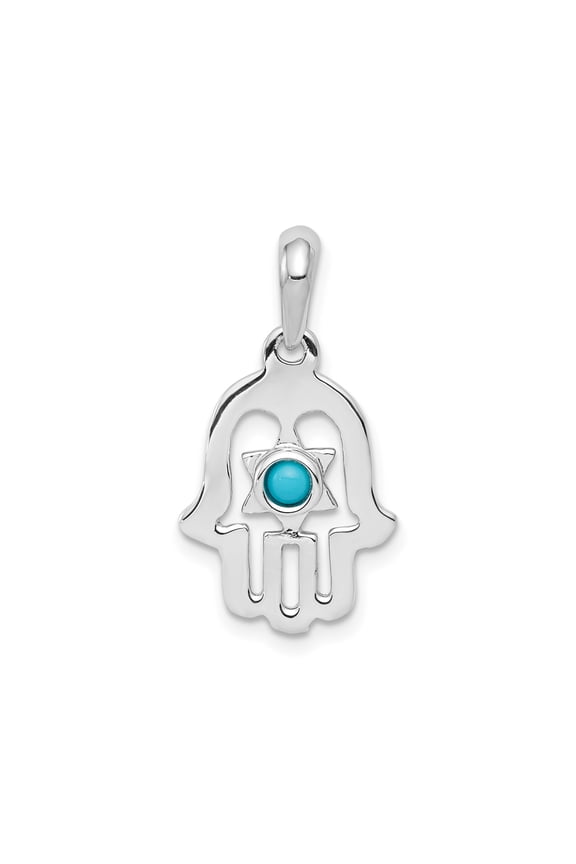 14k White Gold Hamsa Pendant with Turquoise in Star of David, Unisex Religious Necklace Charm for Spiritual Protection and Faith, Jewish Cultural Amulet Jewelry