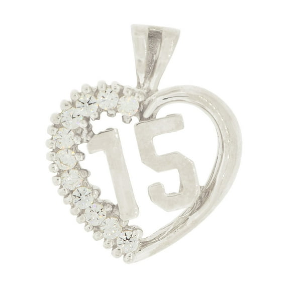 14k White Gold, Heart 15 Anos Quinceanera Pendant Charm Brilliant Created CZ Crystals 16mm with 18" Dainty Neck Chain