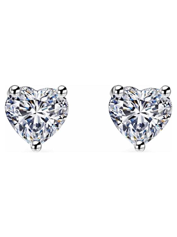 14k White Gold Heart Created Diamond Stud Earrings 3MM Plated by Paris Jewelry