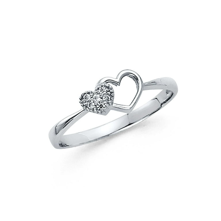 14k White Gold Heart Ring CZ Two Hearts Together Love Band Right