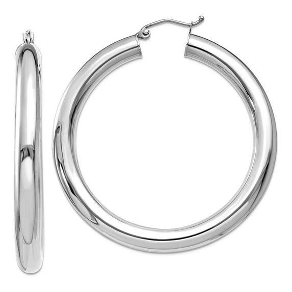 14k White Gold Hollow Hinged post Polished 5mm Tube Hoop Earrings 45mm long 5mm Thick Hoop Earring for Women