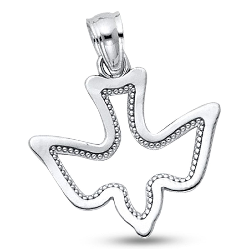 14k White Gold Holy Spirit Dove Pendant Beaded Design Charm Christian Design Solid 15 x 17 mm