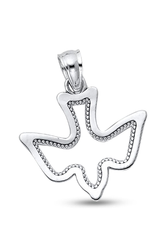 14k White Gold Holy Spirit Dove Pendant Beaded Design Charm Christian Design Solid 15 x 17 mm