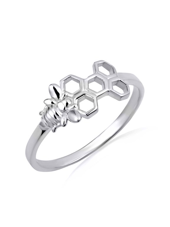 14k White Gold Honeycomb Bee Ring (Size 5)