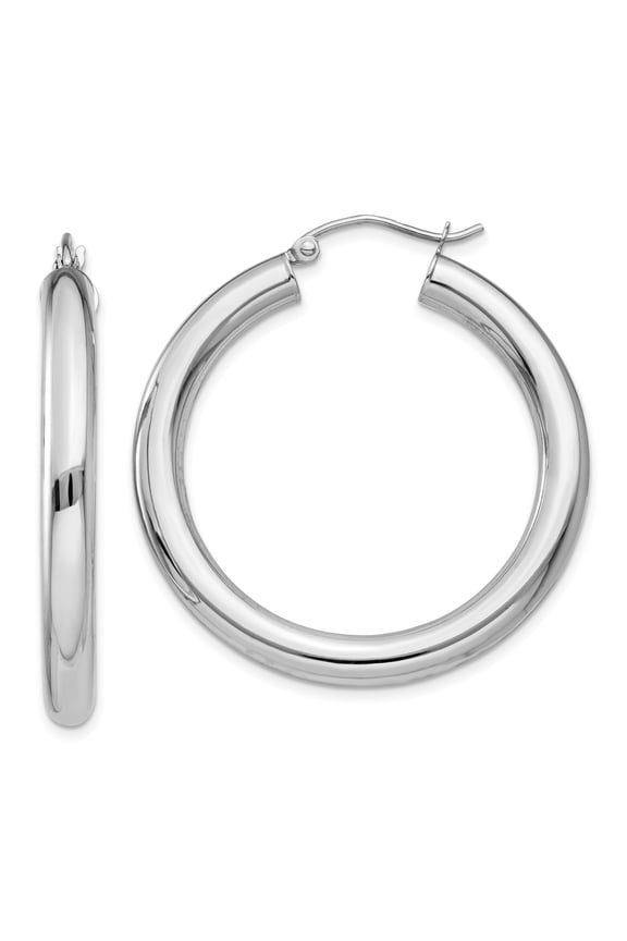 14k White Gold Hoop Earrings for Women, Classic Round Polished Style with Hinged Snap Back, Lightweight Elegant Jewelry for Daily Wear or Special Occasions