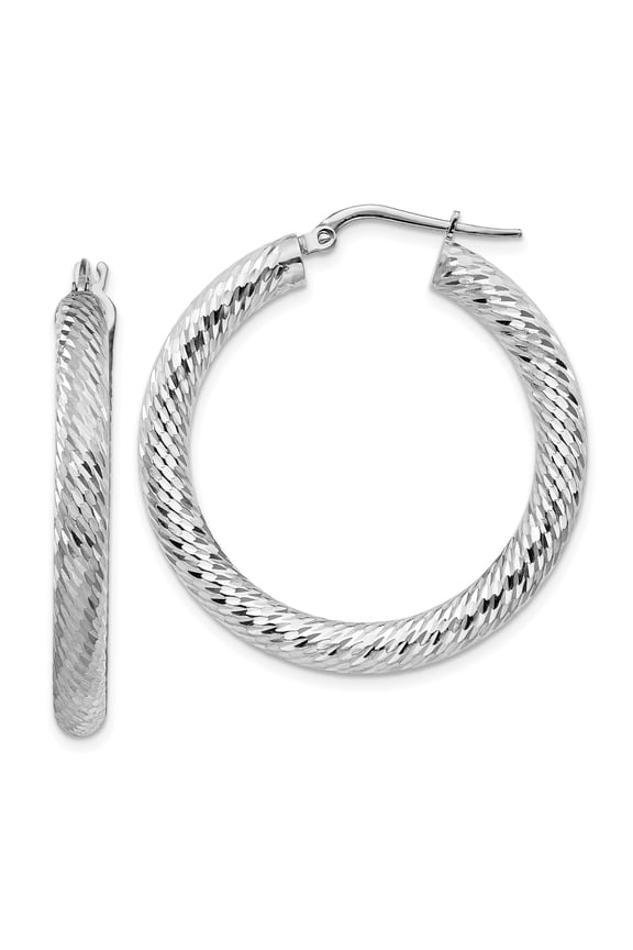 14k White Gold Diamond-Cut Hoop Earrings, 35mm Polished Round Hoops for Women