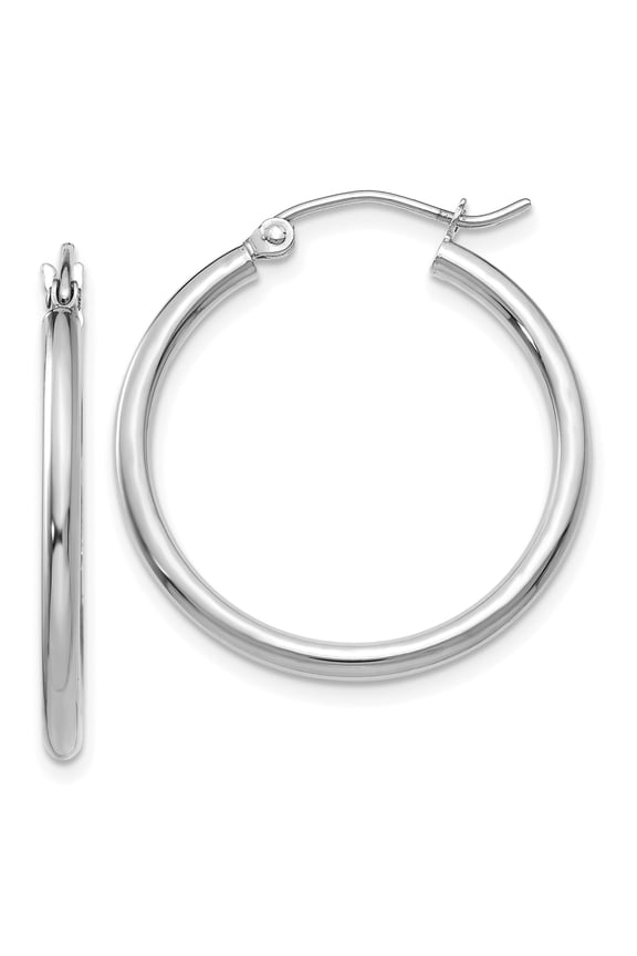 14k White Gold Hoop Earrings for Women, Medium Polished Finish, Latch Back Closure, Minimalist Everyday or Formal Style, Modern Fine Jewelry, Elegant Classic Accessory