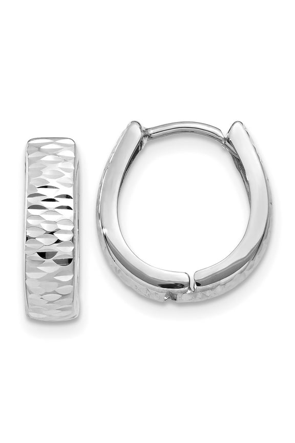 14k White Gold Huggie Hoop Earrings for Women, Faceted Diamond Cut Texture, Lightweight Modern Minimalist Fine Jewelry, Polished Finish, Hinged Closure, Everyday Wear