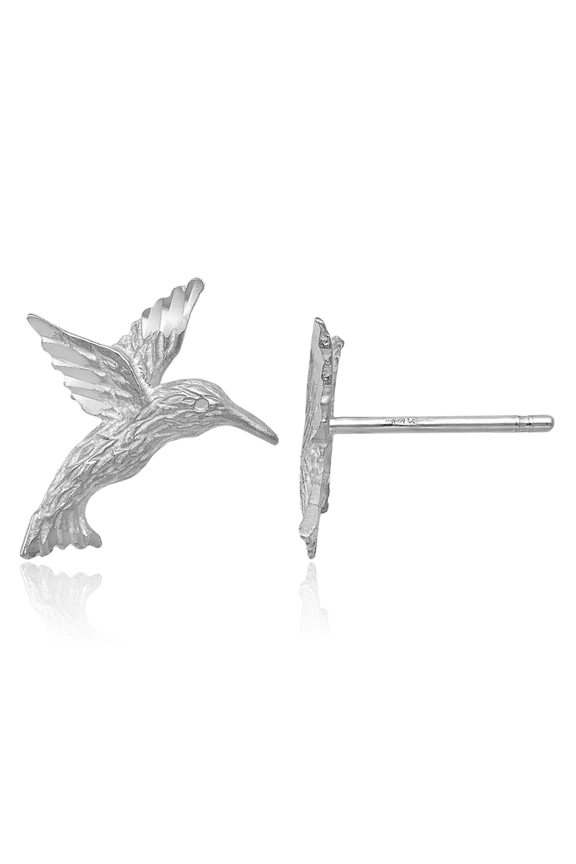 14K Solid White Gold Hummingbird Stud Earrings